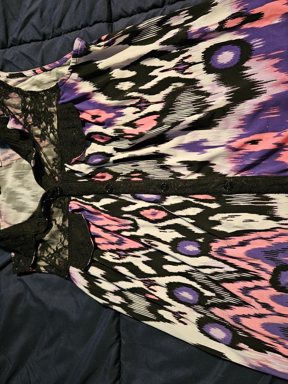 Cocomo Womens Large Pink Purple Black Abstract Print Lace Button Blouse Top